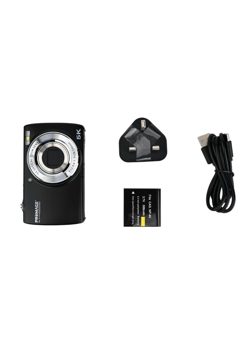 Promage 5K Ultra HD+ Digital Camera for Photography and Vlogging - Dual Camera, 5x Optical Zoom, Touch Display, Face Detection, 1050mAh Battery, Supports SD Card (PC-275) - Black