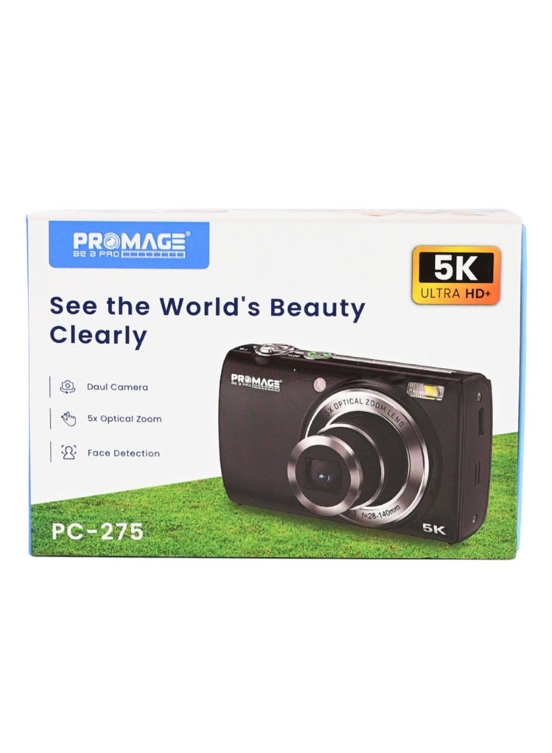 Promage 5K Ultra HD+ Digital Camera for Photography and Vlogging - Dual Camera, 5x Optical Zoom, Touch Display, Face Detection, 1050mAh Battery, Supports SD Card (PC-275) - Black