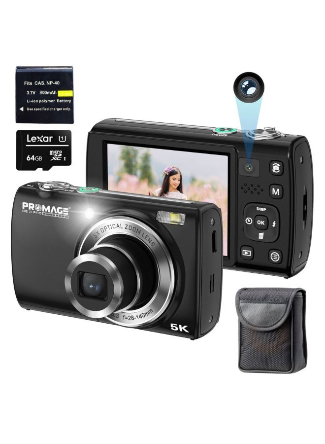 برو ميج كاميرا بروميج 5K رقمية صغيرة باللون الأسود بعدستين 64 ميجابكسل زوم بصري 5X شاشة لمس 2.8 بوصة كاميرا مضغوطة للتصوير السهل مع بطارية، شاحن، حقيبة، وكارت ذاكرة 64GB مجاني - Image 1