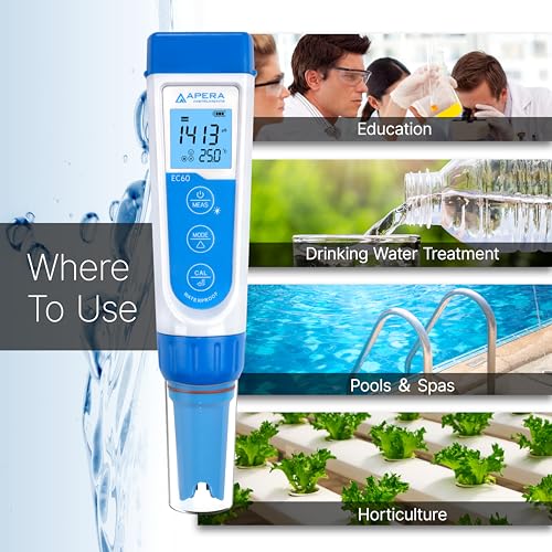 Apera Instruments, LLC-AI314 Premium Series EC60 Waterproof Conductivity Pocket Tester Kit, ±1% F.S Accuracy, Easy Switch of EC/TDS/Salinity, Replaceable Probe - Image 4