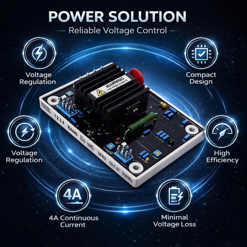 منظم طاقة تلقائي (AVR) للمولدات بدون فرشاة، جهد دخول 95-132VAC أو 190-264VAC، مصنوع من مادة ABS متينة - يوفر إخراج جهد مستقر، ويحتوي على حماية من الجهد الزائد، مثالي للاستخدام مع المولدات البديلة. - Image 3