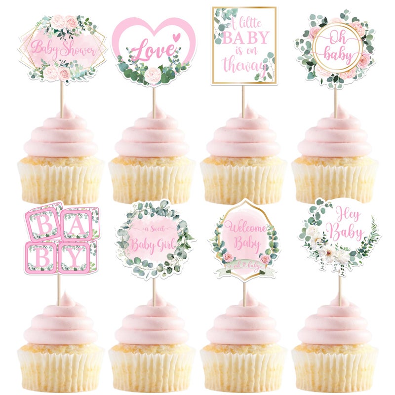 Rsstarxi 40 Pack Baby Shower Cupcake Toppers Hey Little Girl Welcome Theme Cupcake Picks for Baby Shower Girls Birthday Party Cake Decorations Supplies - Image 1