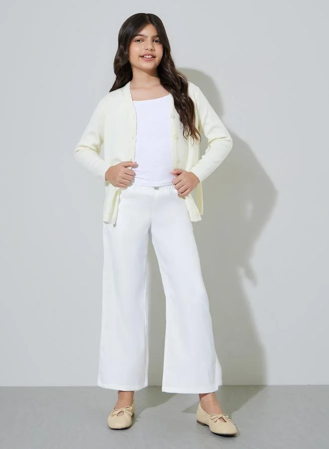 Styli Teen Girls Off White Solid Button-Front Cardigan
