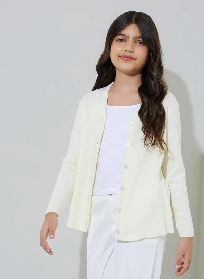 Styli Teen Girls Off White Solid Button-Front Cardigan