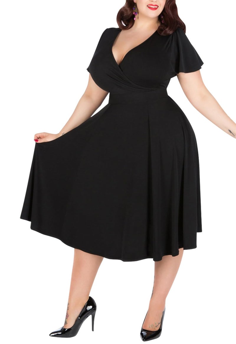 Nemidor Plus Size Dresses for Curvy Women Casual Summer V Neck Short Sleeve Midi Cocktail Vintage Dress with Pocket07314Black