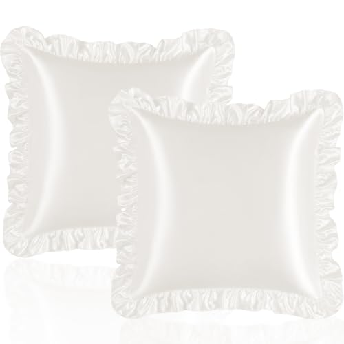 Eychei Ivory White Ruffle Pillow Shams Set of 2, 18 x 18 Inch Satin Ruffle Pillow Covers for Hair and Skin, Silky Pillowcase with Envelope Closure, Anti Wrinkle Ruffled Pillowcase for Sofa, Bed - Image 1
