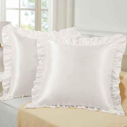 Eychei Ivory White Ruffle Pillow Shams Set of 2, 18 x 18 Inch Satin Ruffle Pillow Covers for Hair and Skin, Silky Pillowcase with Envelope Closure, Anti Wrinkle Ruffled Pillowcase for Sofa, Bed - Image 4