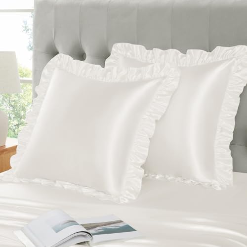 Eychei Ivory White Ruffle Pillow Shams Set of 2, 18 x 18 Inch Satin Ruffle Pillow Covers for Hair and Skin, Silky Pillowcase with Envelope Closure, Anti Wrinkle Ruffled Pillowcase for Sofa, Bed - Image 3