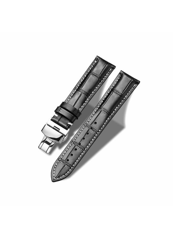 MORANO Genuine Leather Replacement Watch Band Deployment Buckle 18mm 19mm 20mm 21mm 22mm 23mm 24mm Calfskin Watch Strap for Men's and Women's (20mm, Cowhide Black White Line-Silver Buckle), 20mm, - Image 1