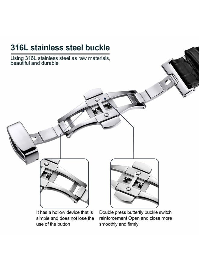 MORANO Genuine Leather Replacement Watch Band Deployment Buckle 18mm 19mm 20mm 21mm 22mm 23mm 24mm Calfskin Watch Strap for Men's and Women's (20mm, Cowhide Black White Line-Silver Buckle), 20mm, - Image 5