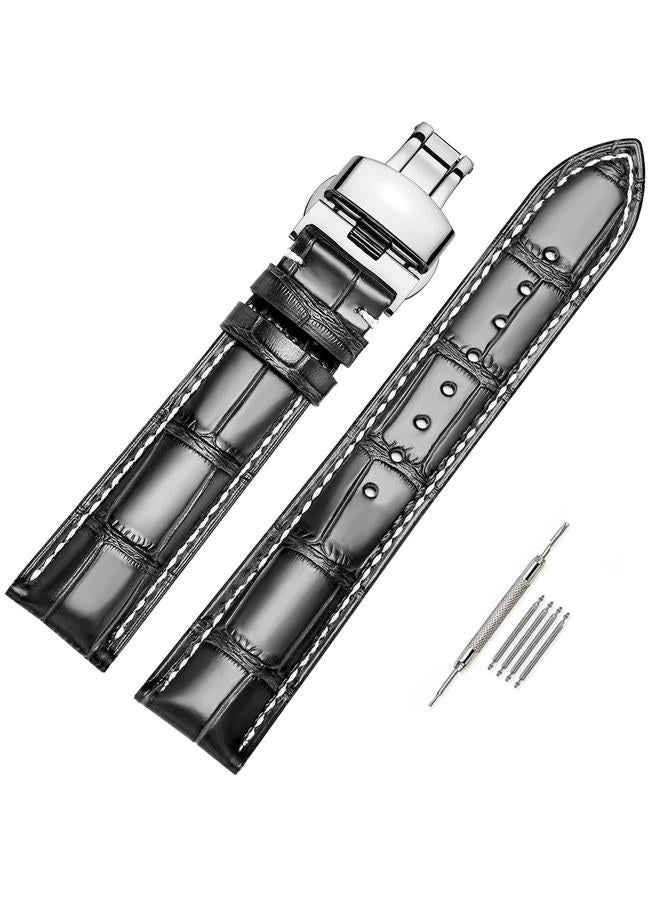 MORANO Genuine Leather Replacement Watch Band Deployment Buckle 18mm 19mm 20mm 21mm 22mm 23mm 24mm Calfskin Watch Strap for Men's and Women's (20mm, Cowhide Black White Line-Silver Buckle), 20mm, - Image 2