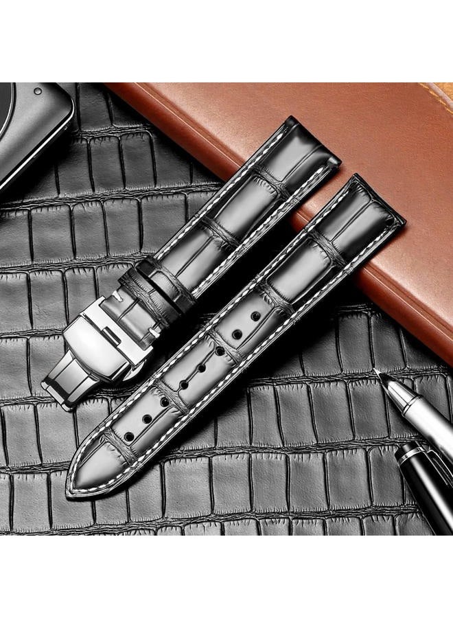 MORANO Genuine Leather Replacement Watch Band Deployment Buckle 18mm 19mm 20mm 21mm 22mm 23mm 24mm Calfskin Watch Strap for Men's and Women's (20mm, Cowhide Black White Line-Silver Buckle), 20mm, - Image 4