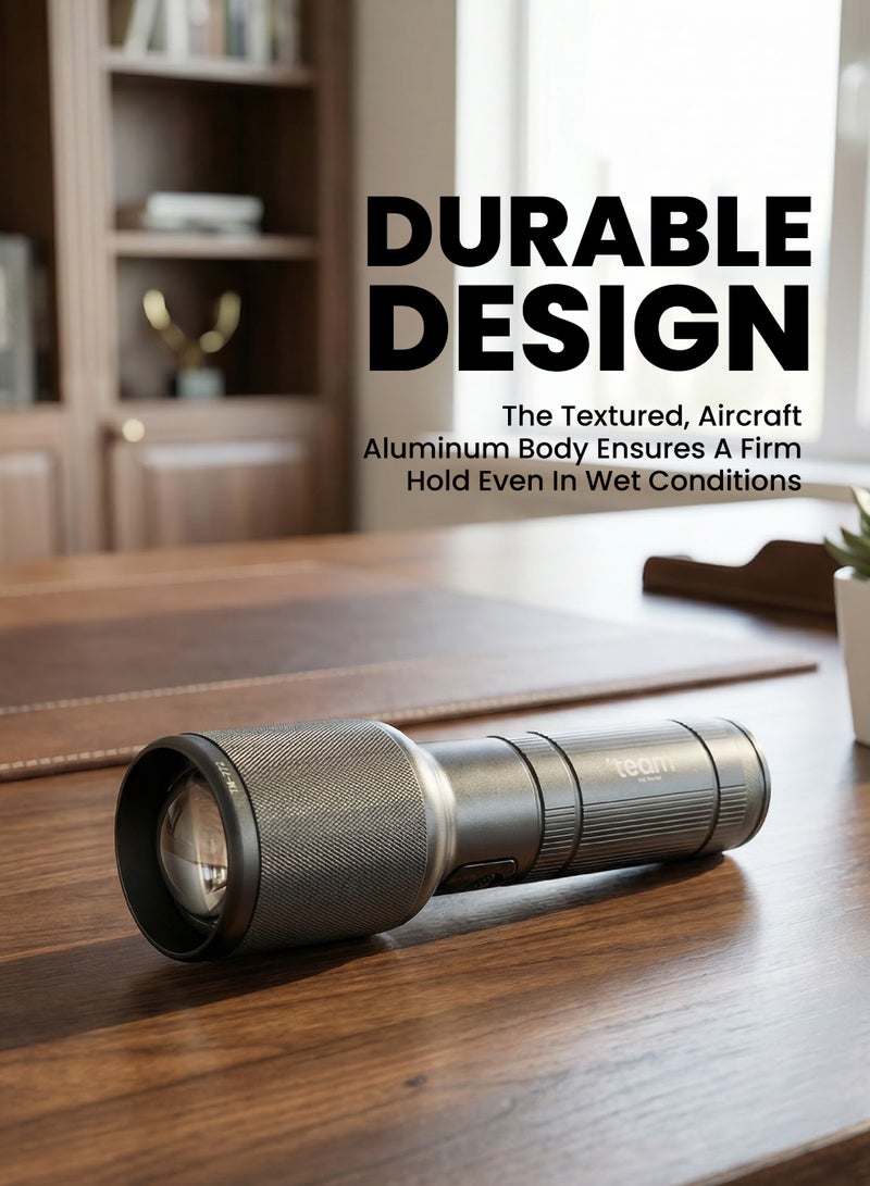 Team Waterproof LED Flashlight, 2000 Lumens, Zoomable, 30W High Power LED, 5000mAh Rechargeable Type‑C Torch, Aluminum Body, Long‑Range 1200m Outdoor Flashlight with Battery Indicator - Image 4