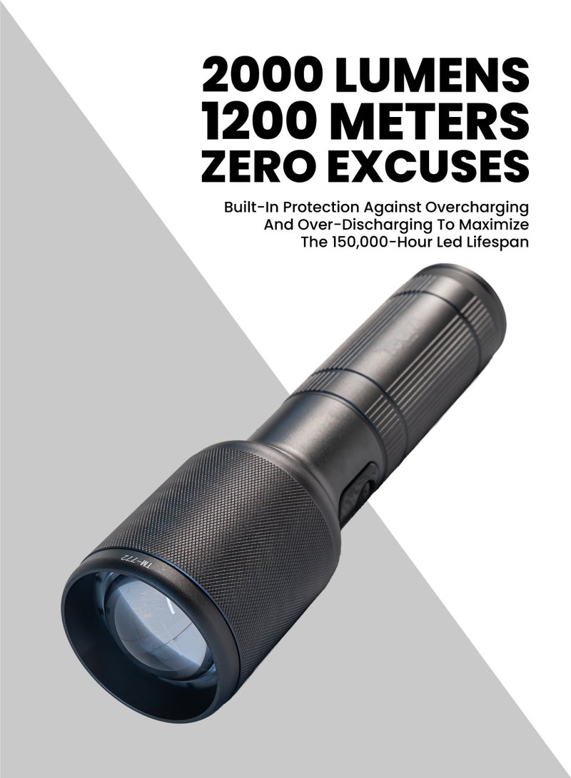 Team Waterproof LED Flashlight, 2000 Lumens, Zoomable, 30W High Power LED, 5000mAh Rechargeable Type‑C Torch, Aluminum Body, Long‑Range 1200m Outdoor Flashlight with Battery Indicator - Image 3