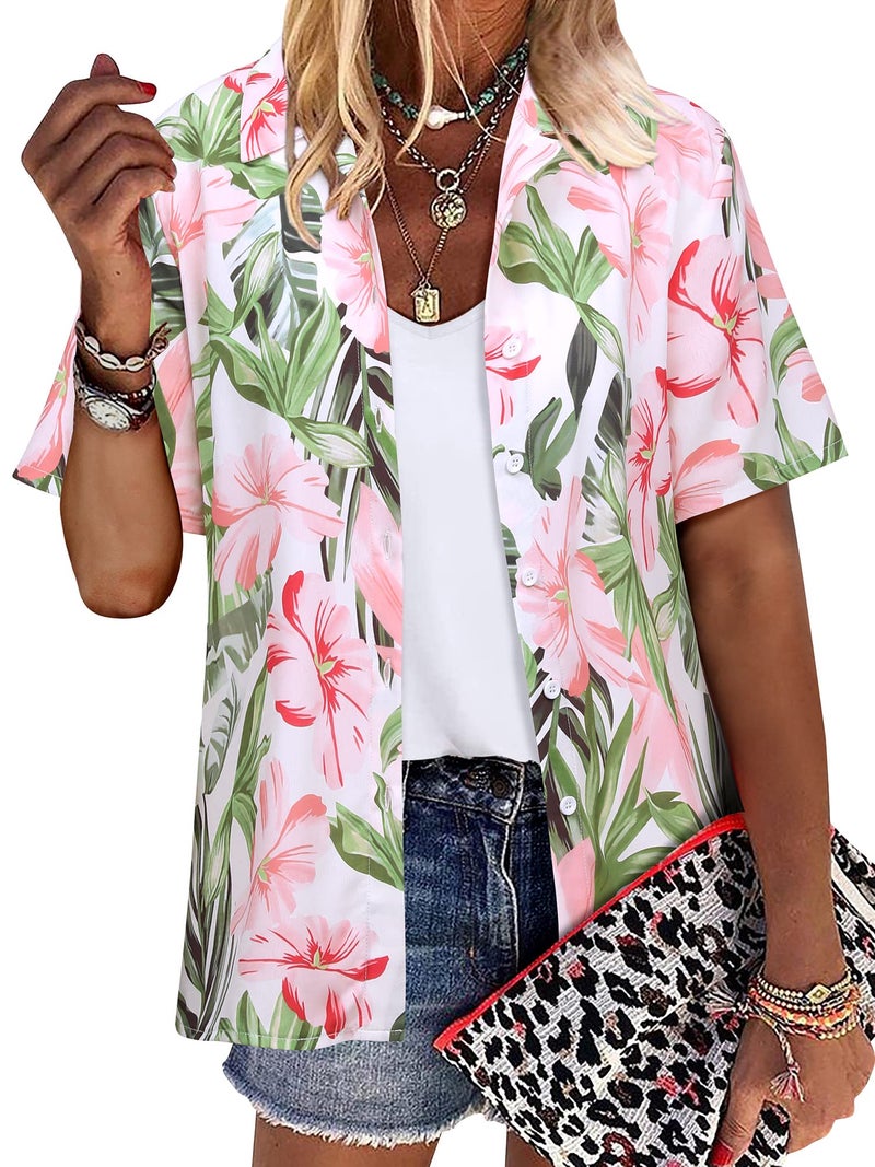 ZXZY Women Summer Hawaii Shirts Soft Cool Floral Tropic Print Short Sleeve Button Up Tops T-Shirt Green - Image 1