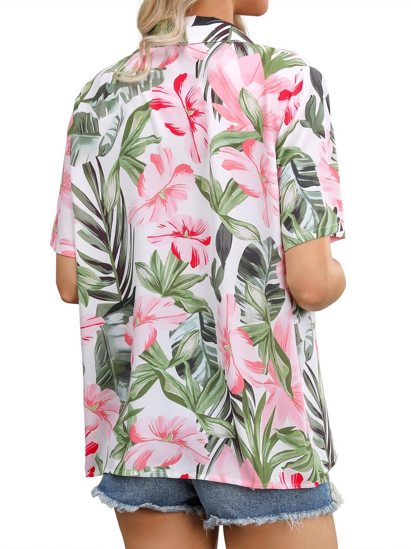 ZXZY Women Summer Hawaii Shirts Soft Cool Floral Tropic Print Short Sleeve Button Up Tops T-Shirt Green - Image 5
