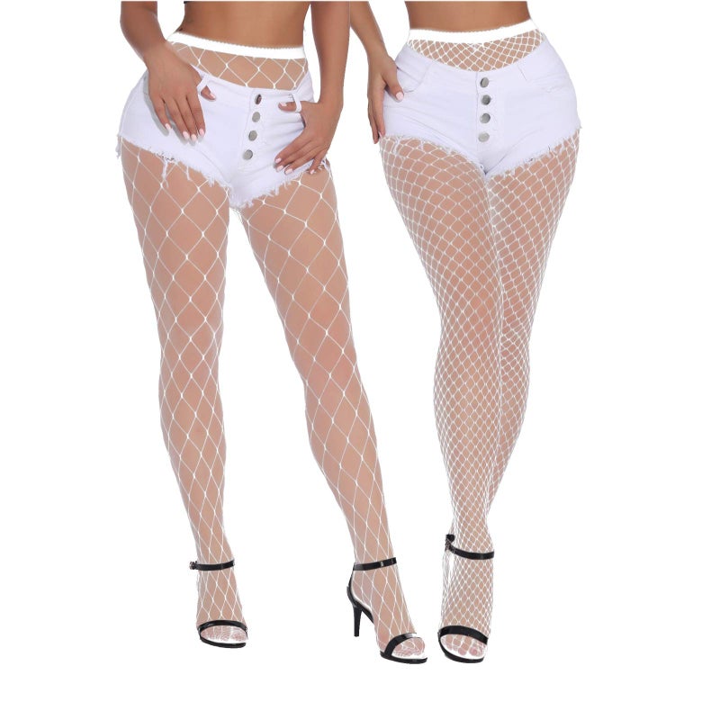 EVERSWE High Waist Fishnet Tights, Thigh High Suspender Stockings (WHIT-LM, SM) - Image 1