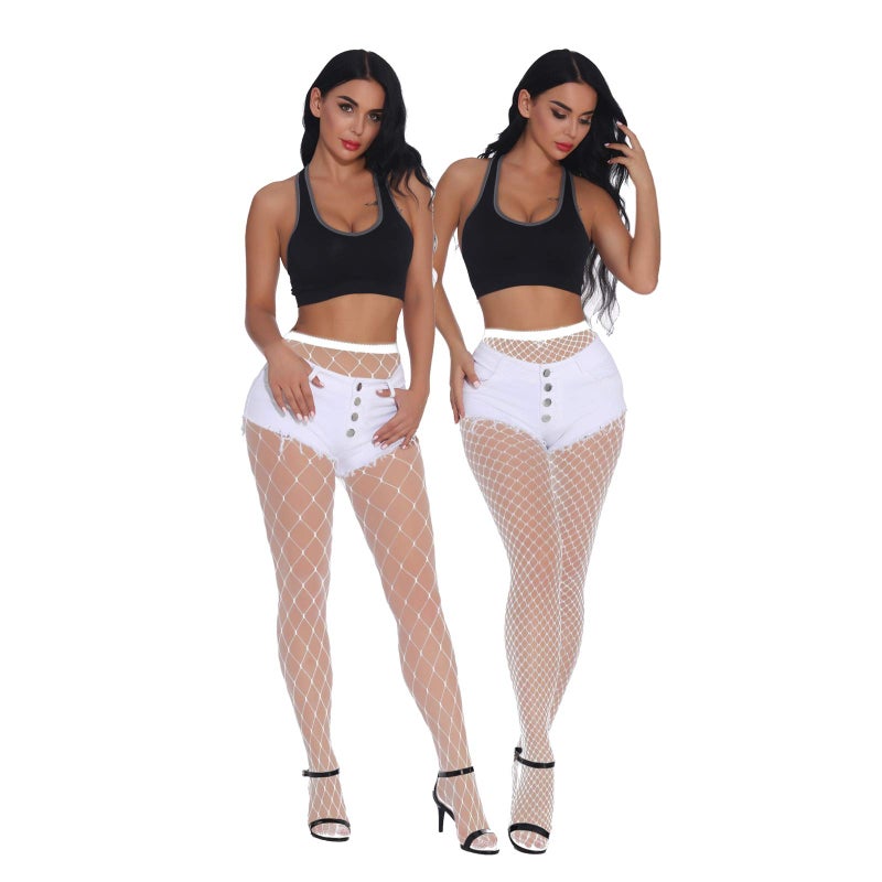 EVERSWE High Waist Fishnet Tights, Thigh High Suspender Stockings (WHIT-LM, SM) - Image 2