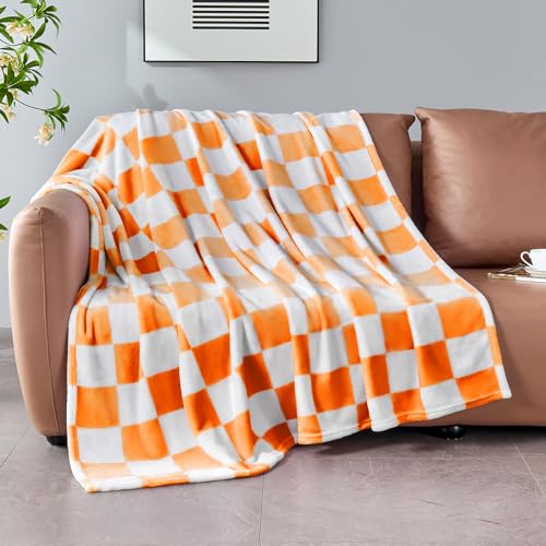 Edenleaf Orange Checkered Blanket Soft Cozy Fleece Checkered Throw Blankets for Bed Sofa Couch Camping Ultra Fluffy Throws for All Seasons 60x80 Inch Orange