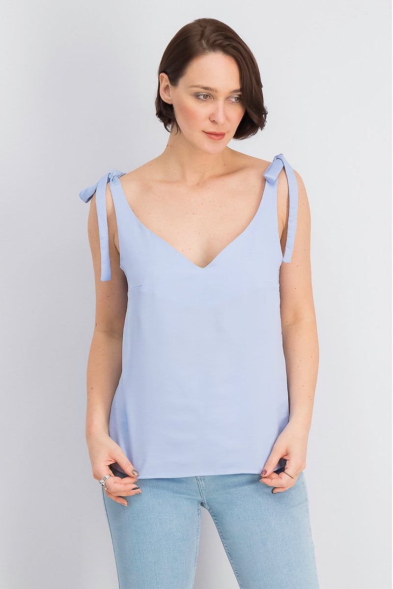 Mohito Women Plain V-neckline Sleeveless Top, Blue - Image 1