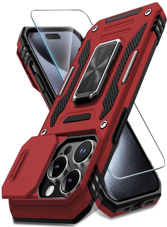 DEERLAMN Case for iPhone 15 Pro Max with Slide Camera Cover+Screen Protector(1 Pack), Rotated Ring Kickstand Military Grade Shockproof Protective Cover 6.7 Inch-Red - Image 1