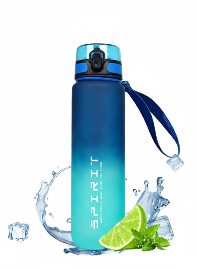 سبيريت زجاجة ماء رياضية بمؤشر للوقت خالية من مادة BPA ومضادة للتسرب، قابلة للحمل وإعادة الاستخدام، إبريق شرب للياقة البدنية والرياضة بسعة 1 لتر للرجال والنساء والأطفال والطلاب للتخييم والمكتب والمدرسة وصالة الألعاب الرياضية والتمارين الرياضية 1000 مل - Image 1