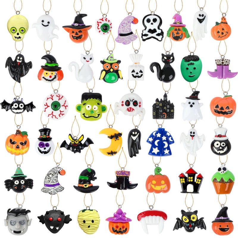 DTOFOOT 36PCS Mini Resin Halloween Ornaments Tiny Hanging Decorations for Tree Miniatures Figurines Charms With String Resin Pendants for Party Decor Small