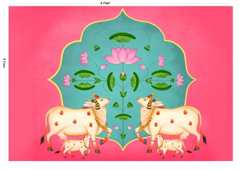 Bague Backdrop Cloth for Haldi New House Ceremony Home Decoration Cloth for All Functions and Photography 8 X 5 Feet (Dark Pink with Cow Design) - Image 3