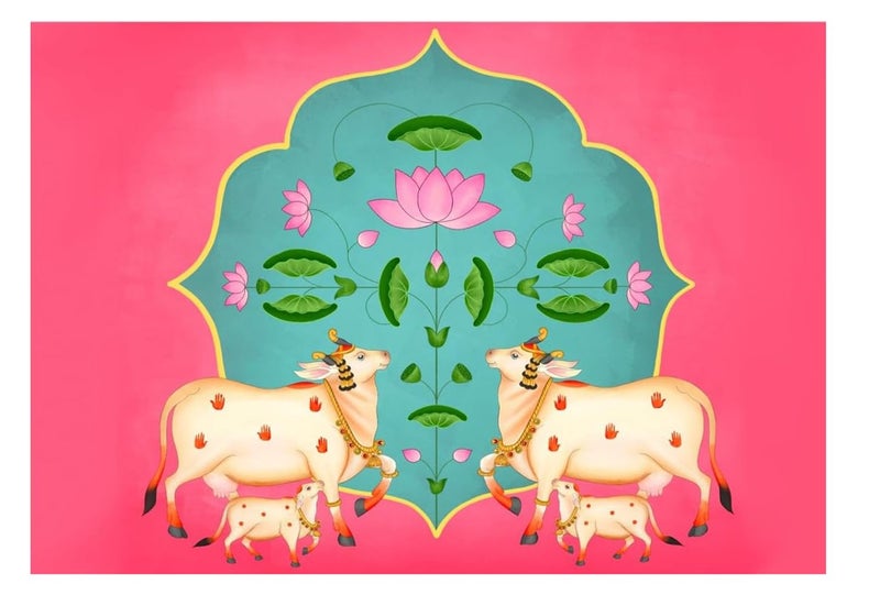Bague Backdrop Cloth for Haldi New House Ceremony Home Decoration Cloth for All Functions and Photography 8 X 5 Feet (Dark Pink with Cow Design) - Image 1