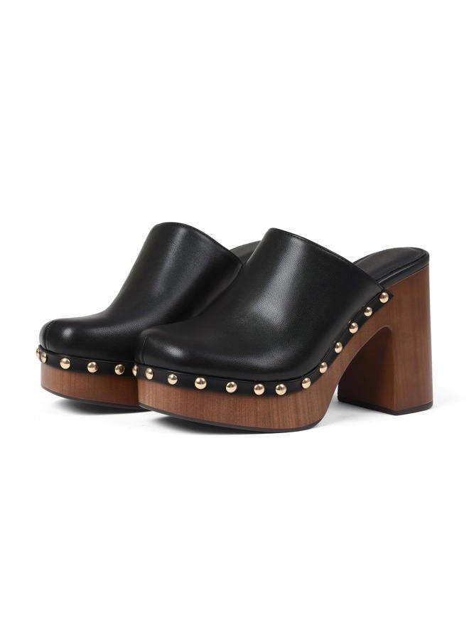 Oiamenne Womens Platform Clogs Mules Chunky High Heeled Sandals Round Toe Slip On Slides Rivet Studded Heels for Women Casual Comfy Shoes, Blackpu, 8 - Image 4