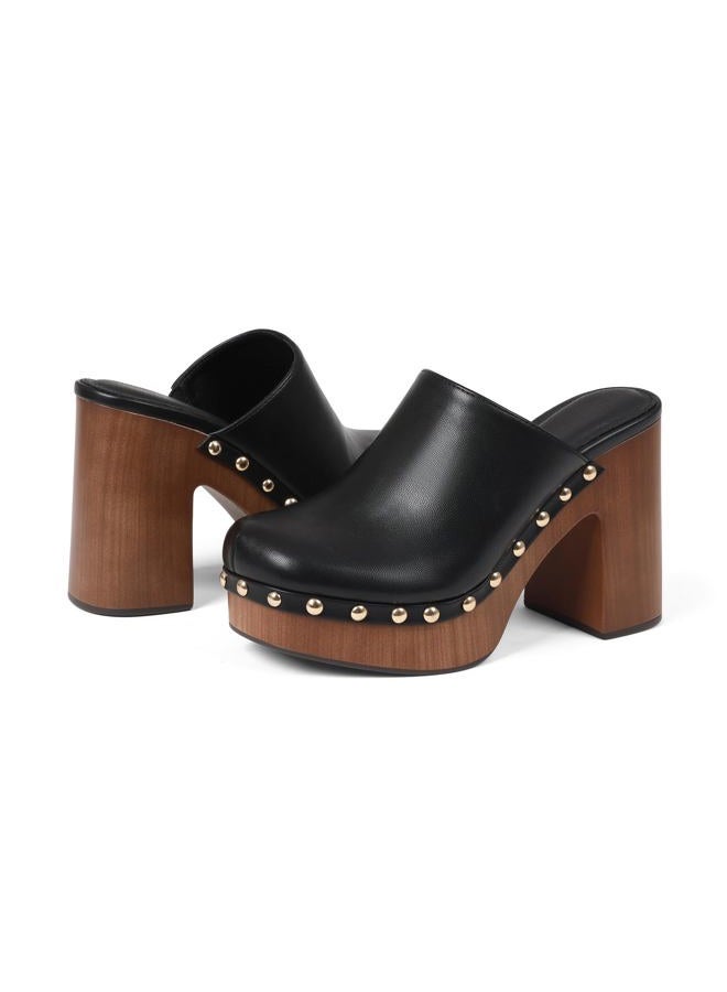 Oiamenne Womens Platform Clogs Mules Chunky High Heeled Sandals Round Toe Slip On Slides Rivet Studded Heels for Women Casual Comfy Shoes, Blackpu, 8 - Image 5