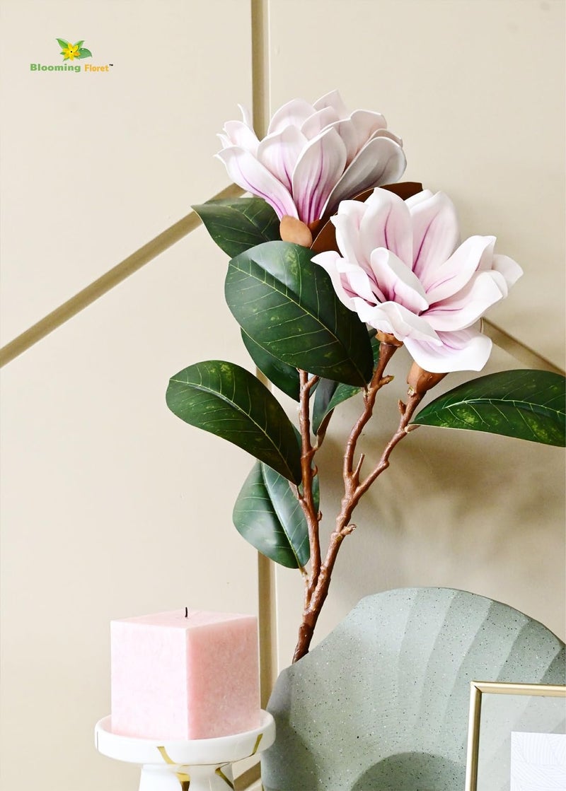 Blooming Floret Realistic Artificial Magnolia Flower Stems – Decorative Faux Flowers with Lifelike Petals and Green Leaves for Home Decor, Wedding Arrangements, and Centerpieces (Light Purple) - Image 5