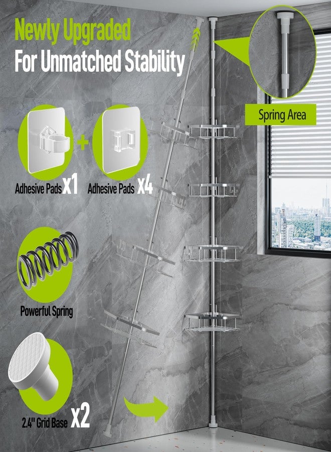 LAMU Shower Caddy Corner Tension Pole, Stainless Steel Shower Organizer, Strong Spring, 5 Adhesive Pads, 2.4 in Non-Slip Grid Base, Adjustable 4-Tier Basket, 4 Hooks, Fits Heights 37.8-124 in, Silver - Image 3