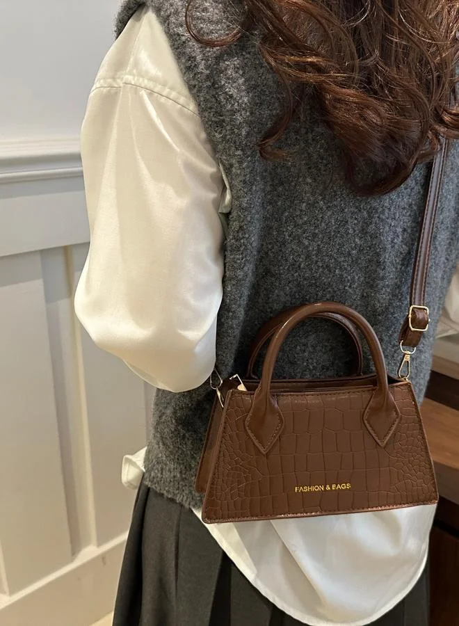 Take Two Coffee Brown Croc Embossed Crossbody Bag