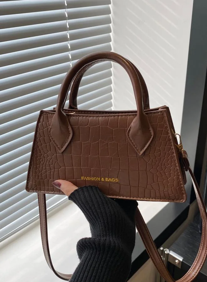 Take Two Coffee Brown Croc Embossed Crossbody Bag