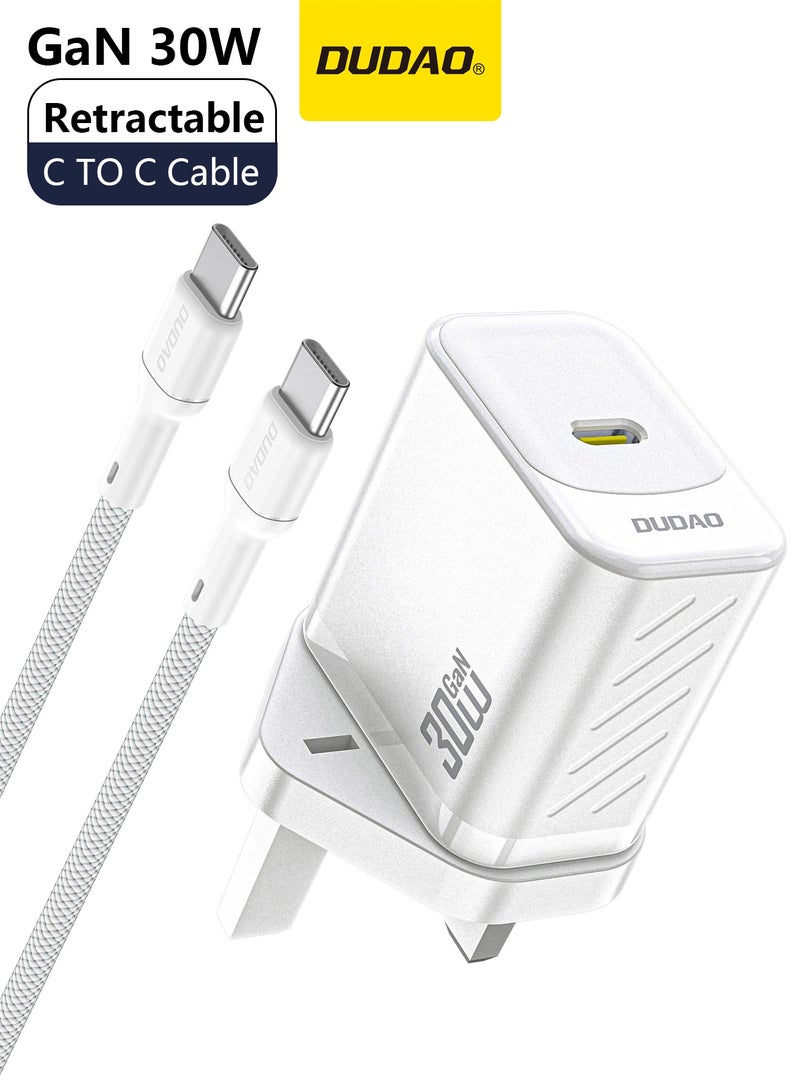 دوداو شاحن سريع بقوة 30 واط بتقنية GaN، مزود بكابل USB-C إلى USB-C، شاحن جداري بتقنية PD مع نظام حماية من 9 طبقات، وتحكم ذكي في درجة الحرارة للحفاظ على برودة الجهاز، متوافق مع آيفون، سامسونج، هواوي، شاومي والمزيد. - Image 1