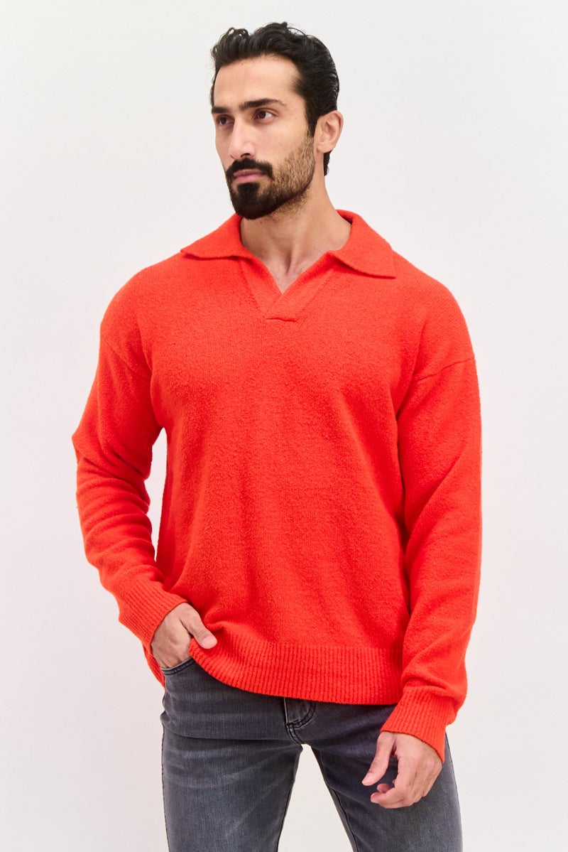ESPRIT Men Spread Neck Textured Long Sleeves Sweater, Red - Image 1