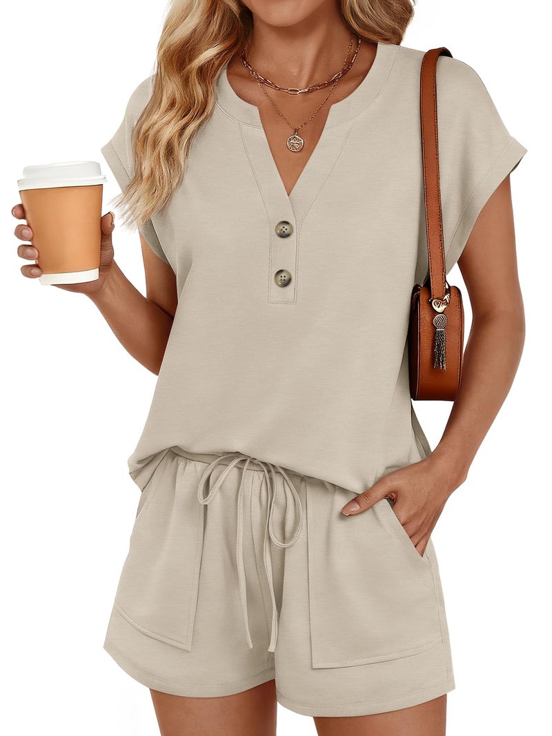 LILLUSORY Womens Henley 2 Piece Short Sets Summer 2026 Lounge Spring Beach Airport Travel Vacation Outfits Matching Sweatsuit Khaki L - Image 1