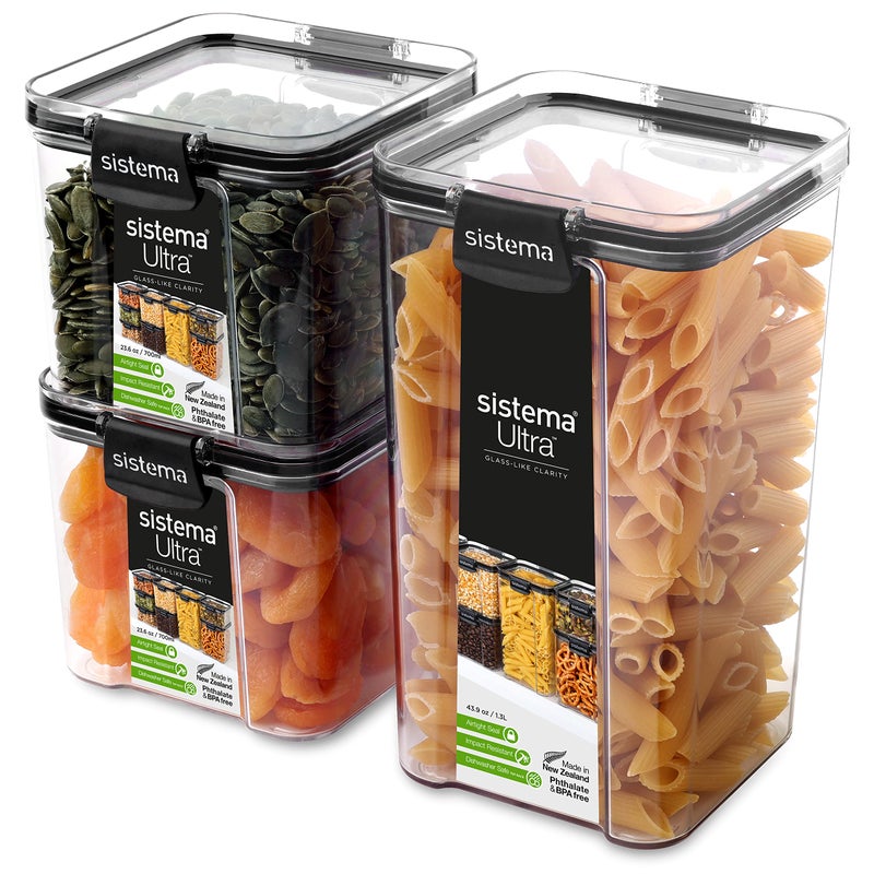 sistema Sistema Ultra Tritan Airtight Pantry  Kitchen Storage Containers 3 Square Plastic Food Containers with Lids 1x 13L  2x 700ml Stackable with Locking Clips BPAFree 82008