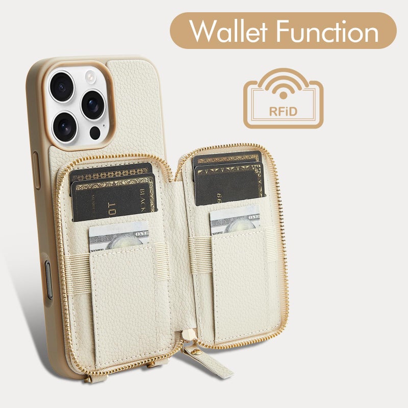 ZVE Wallet Case for iPhone 16 Pro Max, RFID Blocking Protective Leather Zipper Wallet Case with Card Holder Wrist Strap for Women for iPhone 16 Pro Max 6.9" Beige - Image 2