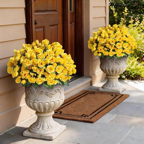 Juxdp 8 Bundles Artificial Roses for Front Door Outdoor Decor, Realistic Fake Silk Bouquets Flowers Faux UV Resistant Real Looking Rose Plants for Garden Balcony Farmhouse Home Spring Summer Decor (Yellow) - Image 4