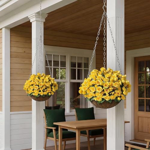 Juxdp 8 Bundles Artificial Roses for Front Door Outdoor Decor, Realistic Fake Silk Bouquets Flowers Faux UV Resistant Real Looking Rose Plants for Garden Balcony Farmhouse Home Spring Summer Decor (Yellow) - Image 3