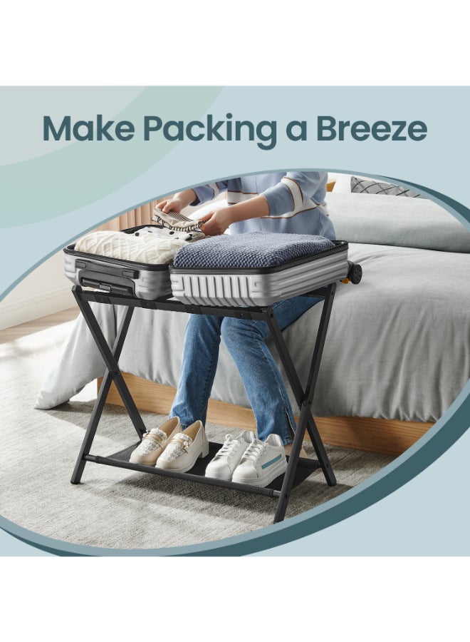 SONGMICS حامل حقائب SONGMICS لغرفة الضيوف، حامل حقائب مع رف تخزين، إطار فولاذي، قابل للطي للتخزين السهل، فندق، غرفة نوم، أسود - Image 3