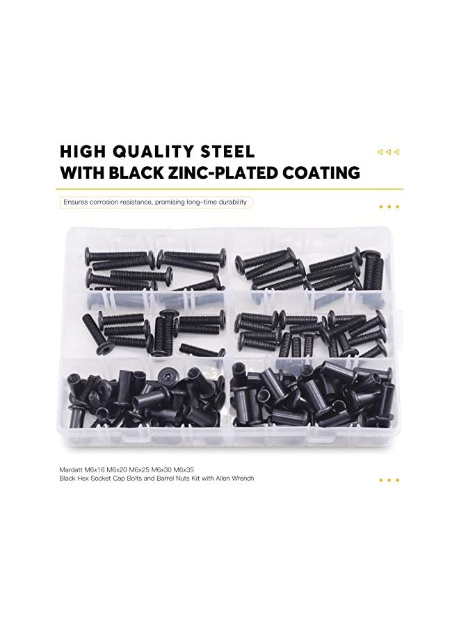 Mardatt Mardatt 120pcs 5 Sizes M6x16mm/20mm/25mm/30mm/35mm Black Hex Socket Cap Bolts and Barrel Nuts Assortment Kit, Crib Bolts Flat Head Binding Bolt Screw Post for Belt Buckle Leather Furniture  - Image 5