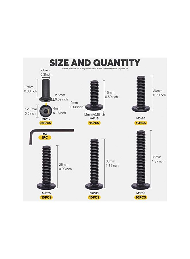 Mardatt Mardatt 120pcs 5 Sizes M6x16mm/20mm/25mm/30mm/35mm Black Hex Socket Cap Bolts and Barrel Nuts Assortment Kit, Crib Bolts Flat Head Binding Bolt Screw Post for Belt Buckle Leather Furniture  - Image 2