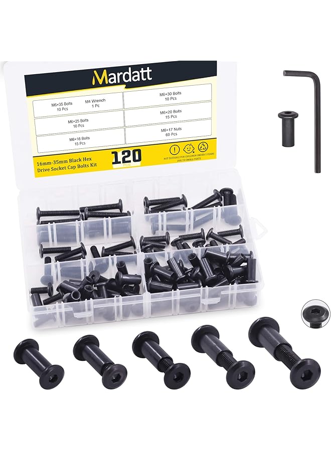Mardatt Mardatt 120pcs 5 Sizes M6x16mm/20mm/25mm/30mm/35mm Black Hex Socket Cap Bolts and Barrel Nuts Assortment Kit, Crib Bolts Flat Head Binding Bolt Screw Post for Belt Buckle Leather Furniture  - Image 1