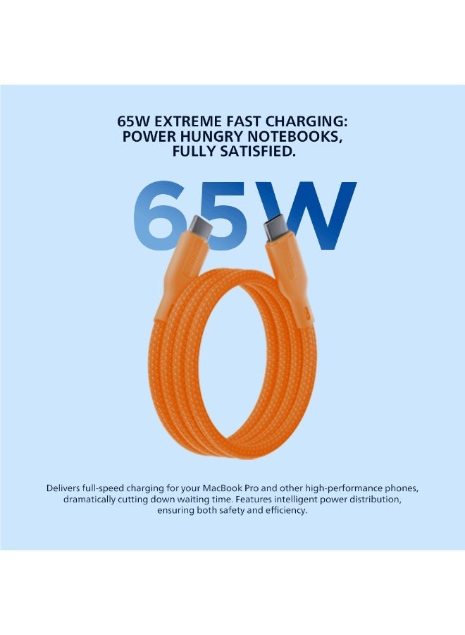 PHILIPS USB Type-C to USB Type-C Fast Charging Cable, 65W Fast Charging, 480Mbps Data Transfer, Nylon Braided, 2m, DLC4160CR/94 orange - Image 2