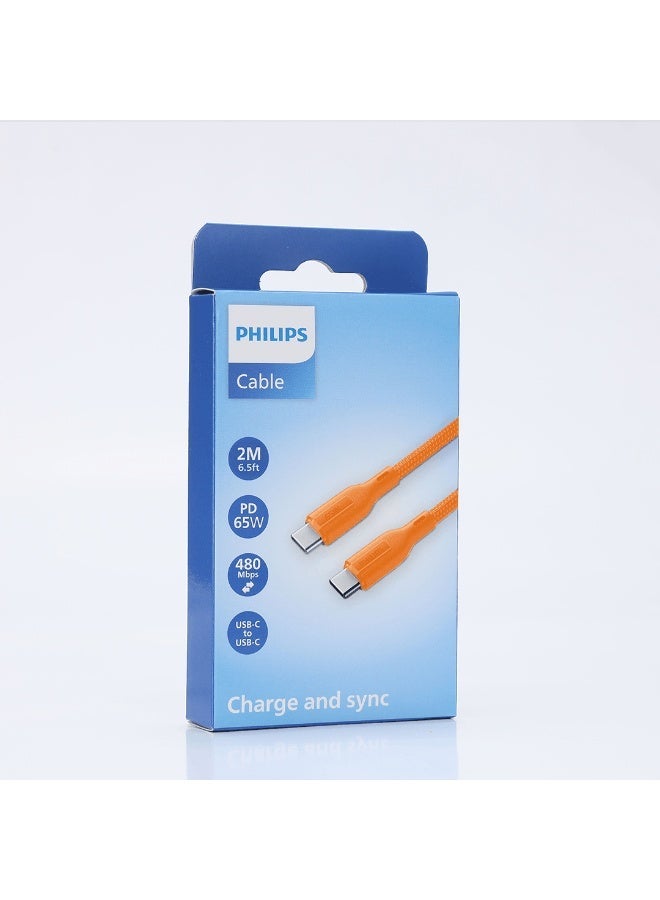 PHILIPS USB Type-C to USB Type-C Fast Charging Cable, 65W Fast Charging, 480Mbps Data Transfer, Nylon Braided, 2m, DLC4160CR/94 orange - Image 5