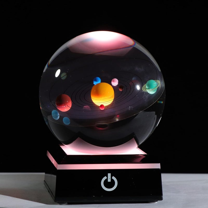 3D Crystal Ball with Solar System Model and LED lamp Base, Clear 80mm (3.15 inch), Best Birthday Girlfriend Gift, Teacher of Physics, Classmates and Kids Gift - Image 1