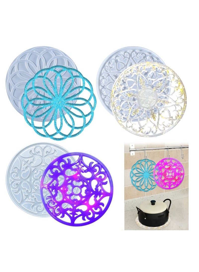 SYOSI Crystal Coaster Resin Moulds, Mandala Silicone Moulds Round Epoxy Resin Moulds with 3 Hooks 3 kinds of pattern DIY Cup Mat Making Epoxy Resin Silicone Moulds for Resin Casting Coaster (3 Pcs ) - Image 1
